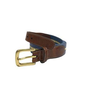 Lands' End Belt Men's Leather Brown Canvas Blue Yellow Made In USA Solid Brass